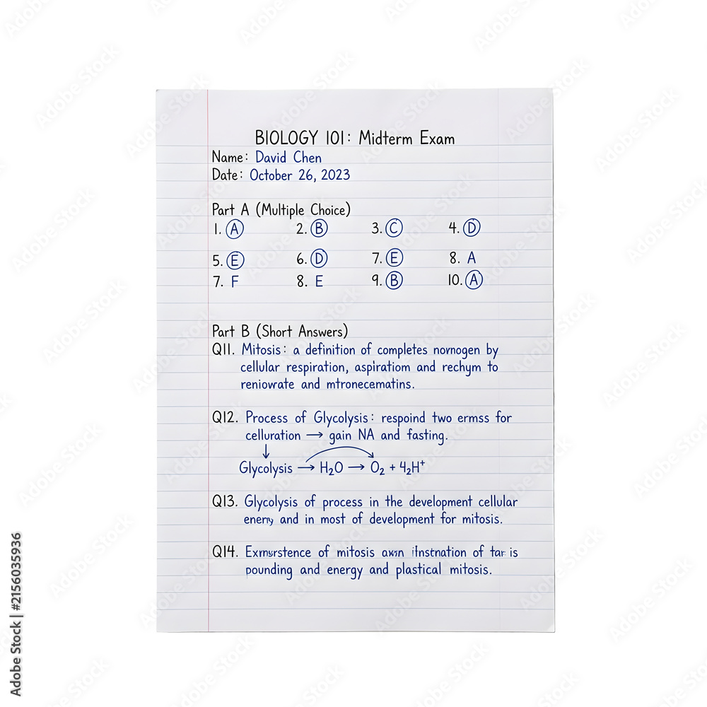 Fototapeta premium Biology 101 midterm exam on lined paper, handwritten science test answers, student academic coursework and schooling isolated PNG with Transparent Background