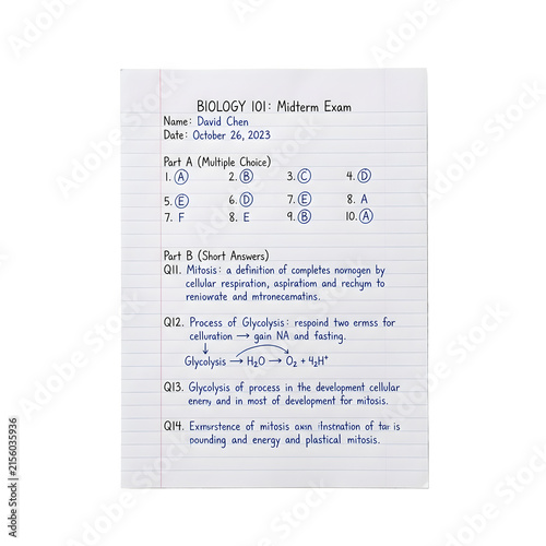 Biology 101 midterm exam on lined paper, handwritten science test answers, student academic coursework and schooling isolated PNG with Transparent Background