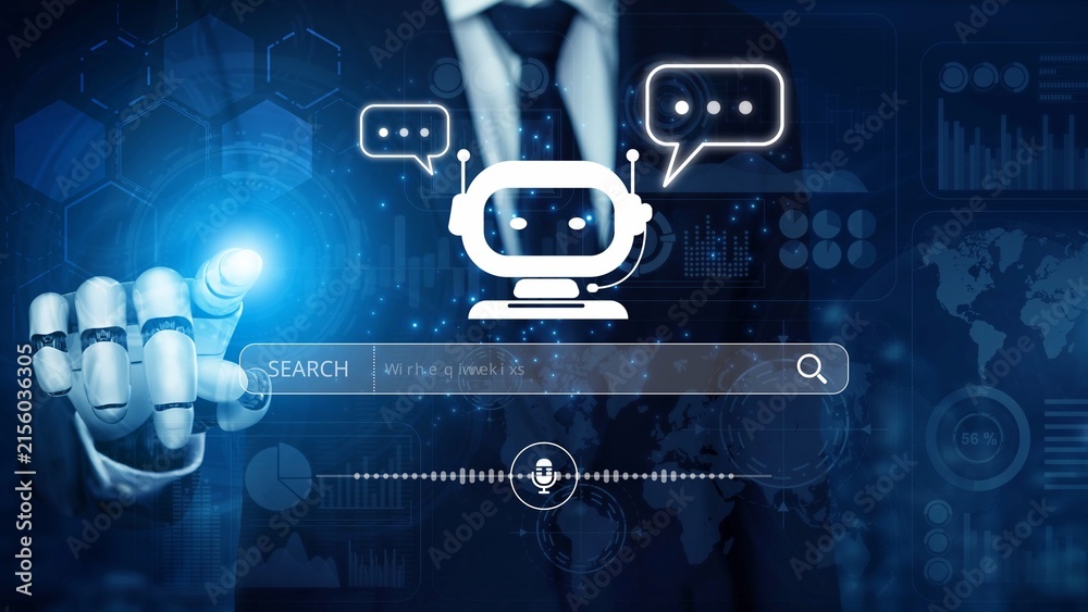 Naklejka premium AI assistant with voice chat interface, combining smart chatbot, voice command, and AI-powered control search tools. Agentic AI assistant helps users search and chat naturally. Muxer