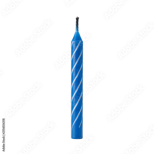 Blue birthday candle with white spiral stripes, festive wax candle for celebration cake, decorative party candle isolated PNG with Transparent Background