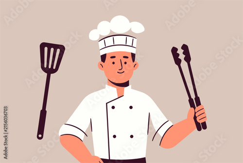 Happy male chef wearing a white uniform holding a pair of metal cooking tongs, with a spatula floating nearby.