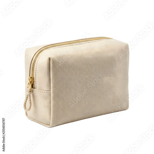 Elegant beige suede makeup bag with gold zipper, luxury velvet cosmetic pouch, minimalist travel toiletry organizer isolated PNG with Transparent Background