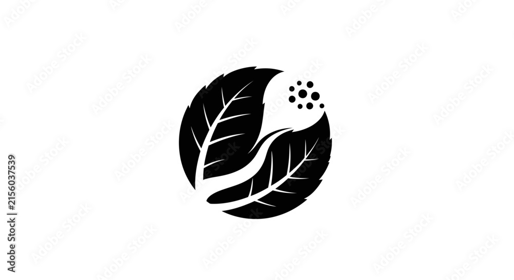 Naklejka premium Black and white leaf logo with circular dots with stylized black minimalist graphic nature symbol design simple icon