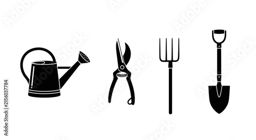 Gardening tools icons set with set four black gardening tool icons white background pruning shears watering can yard work illustrations landscaping