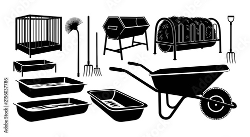 Black and white illustration of various gardening tools with collection gardening tools equipment wheelbarrow pitchfork buckets compost with trowel