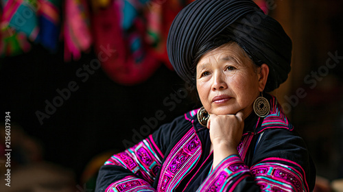 Portrait of Elderly Indigenous Woman Wearing Traditional Ethnic Clothing and Headdress with Thoughtful Expression
