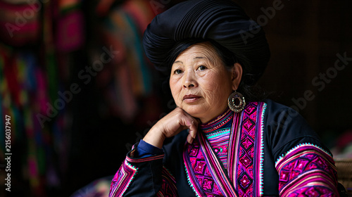 Portrait of Elderly Indigenous Woman Wearing Traditional Ethnic Clothing and Headdress with Thoughtful Expression