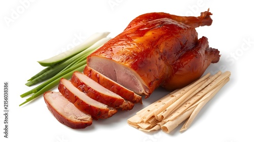 Whole Roasted Peking Duck Sliced with Fresh Spring Onions and Thin Wrappers Isolated on White Background