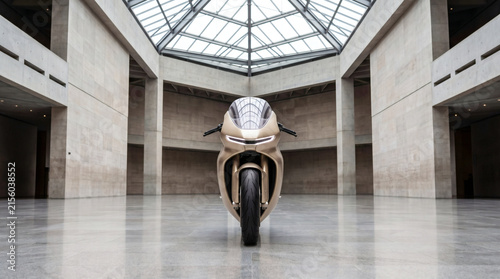 Futuristic electric motorcycle displayed in a modern architectural atrium with skylight.