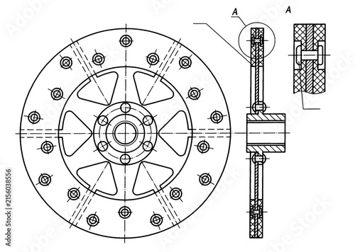 Scheme of machine part.
Engineering automotive mechanical drawing of steel 
device. Industrial design on paper sheet. 
Technology hand drawn schematic diagram 
of machined building industry.
