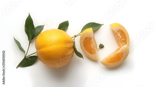 Whole Fresh Yellow Orange with Leaves and Sliced Wedges Isolated on White Background