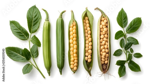 Fresh Green Soybean Pods and Open Pods Showing Mature Seeds Isolated on White Background