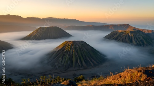 Scenic Sunrise View of Mount Bromo Volcanic Peaks Surrounded by Low Sea of Clouds in East Java Indonesia