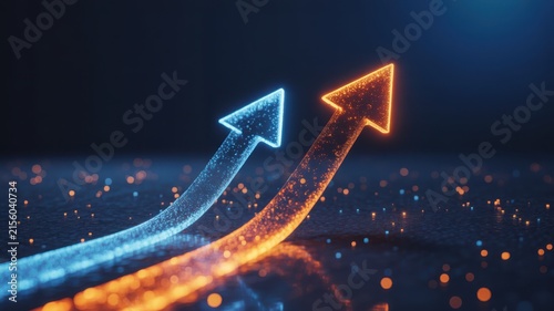 Glowing blue and orange arrows pointing upwards representing business growth and progress on dark textured background.