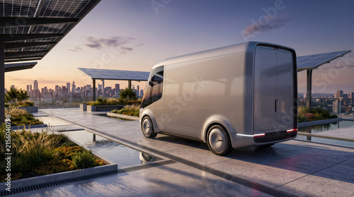 Futuristic electric delivery van parked beneath solar panels above a modern city skyline.