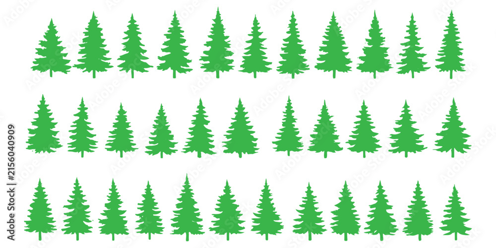 Obraz premium A collection of various black and white silhouette illustrations of pine trees in different sizes and arrangements.