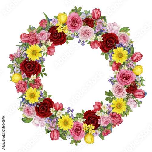 Colorful floral wreath with roses and daisies isolated on transparent background