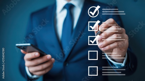 Businessman marking digital checklist on interface