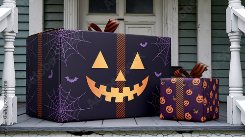 Two halloween themed gift boxes decorated with jack-o'-lantern faces and spiderwebs on a porch gift box seasonal decor seasonal