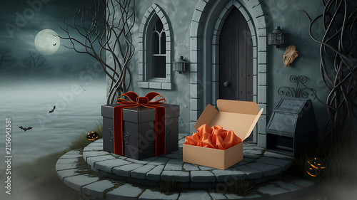 Gothic castle entrance at night with two stacked halloween gifts one open with treats gift box halloween decor halloween