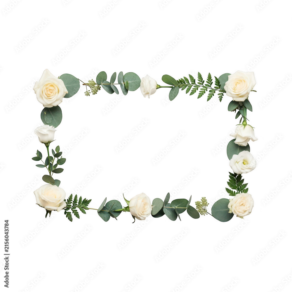 Fototapeta premium White roses and eucalyptus floral rectangular frame isolated on transparent background