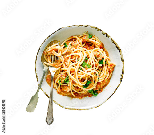 Картината върху платно cooked spaghetti tossed in a rich tomato-based sauce, garnished with green herbs