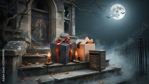Haunted house facade at night with gifts candles full moon decorated for halloween trick or treat holiday decor gift box