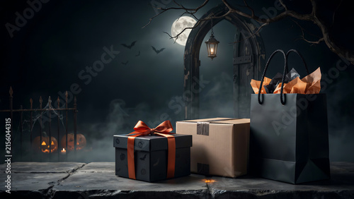 Halloween night scene with gifts jack-o'-lanterns bats under a full moon and spooky trees jack o lantern gift box