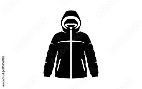 Black silhouette of a hooded winter jacket on a white background