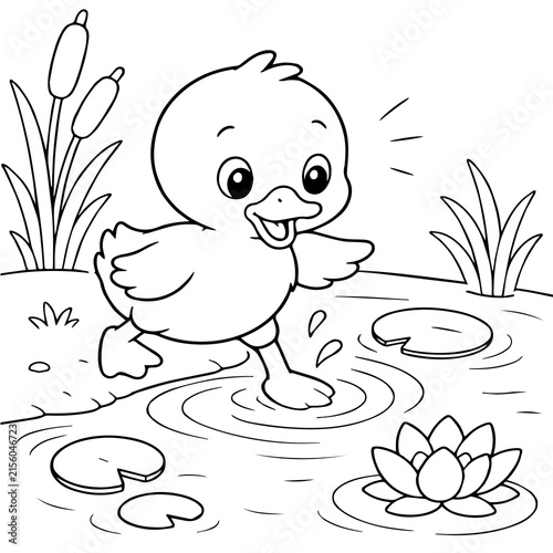 Fotografie Happy Duck Playing by Pond Coloring Book Page