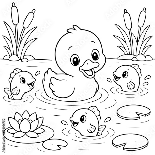 Obraz na plátně Duck Swimming with Fish Friends - Coloring Page