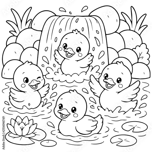 Картината върху платно Ducklings Playing at Waterfall - Coloring Page