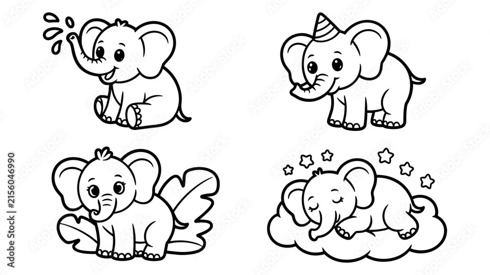 Obraz premium Cute Baby Elephant Coloring Page Vector Set with Cartoon Animals Sleeping on Clouds Wearing Party Hats and Spouting Water for Kids Activities.