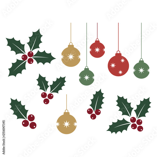 Christmas ornaments and holly sprigs, festive holiday decorations