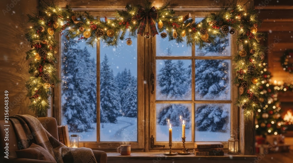 Fototapeta premium Cozy Christmas window view with snow falling outside and warm lights inside