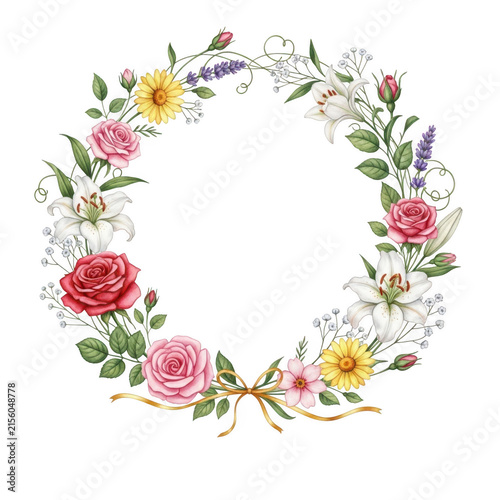 Elegant floral wreath with roses, lilies, and lavender isolated on transparent background