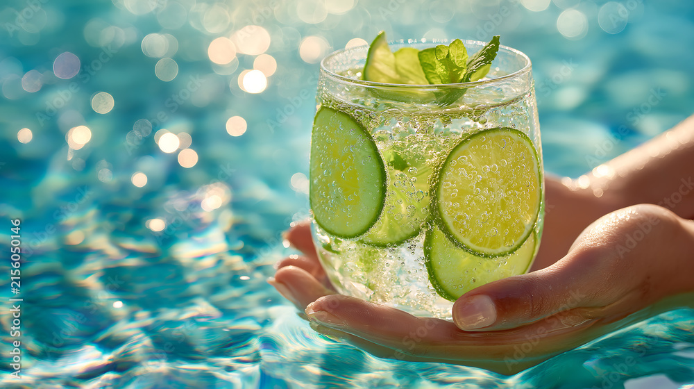 Fototapeta premium Hand holding cucumber lime drink beside sparkling pool water