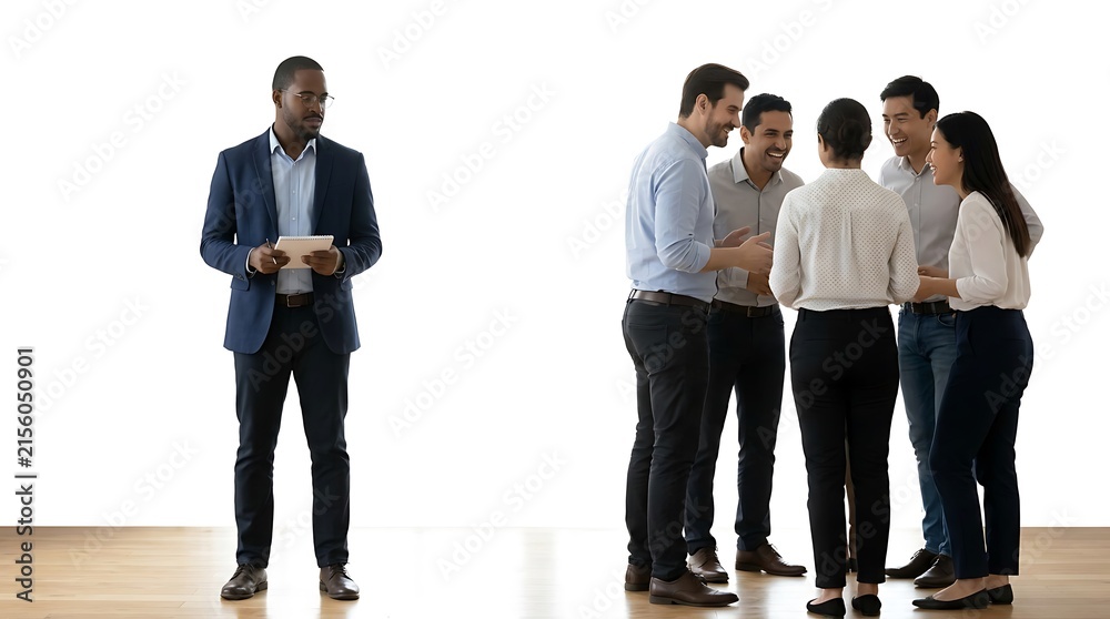 Obraz premium Diverse business team collaborates while one colleague observes with a tablet