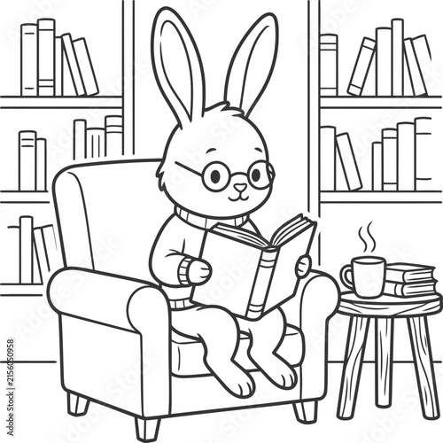 Adorable Bunny Reading Book In Cozy Armchair Coloring Page With Library Shelves Tea Cup And Relaxing Interior