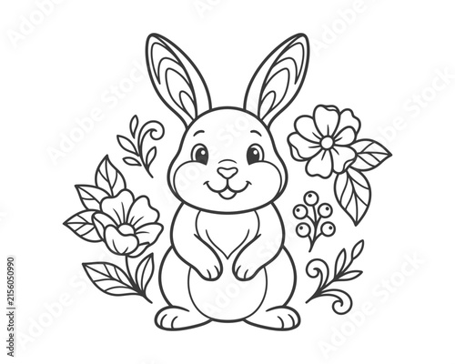 Cute Bunny Floral Coloring Page With Spring Flowers Leaves Berries And Whimsical Nature Decoration