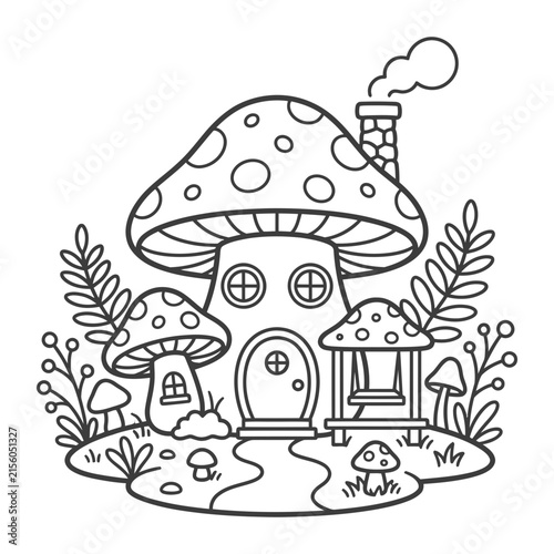 Magical Mushroom Village Coloring Page With Fairy Houses Forest Plants Whimsical Details And Fantasy Cottage Design