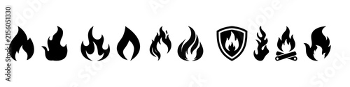 Canvas Print Set of fire and flame vector icons including campfire, fire protection shield, and hot blaze symbols