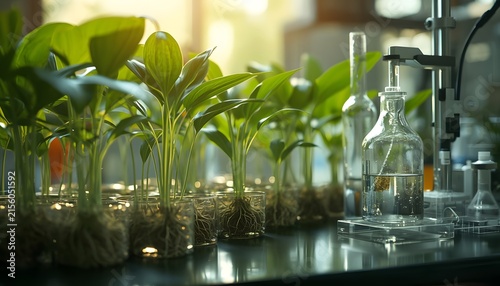 Innovative botanical research experiment featuring young green seedlings growing inside transparent glass containers under laboratory lighting