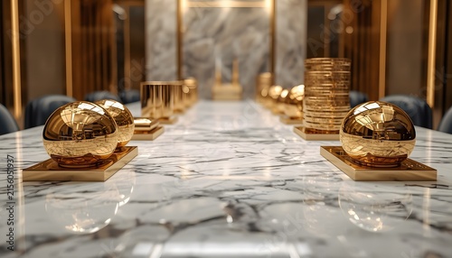 Polished gold spheres resting upon a veined white marble table inside a luxurious executive boardroom with arranged symmetrically polished reflective golden spheres