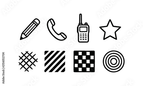 Minimalist Utility Line Icons Set featuring Pencil Phone Radio and Star Symbols with Geometric Grid Texture Vector Elements