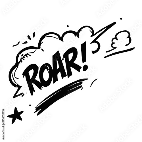 Comic Book Sound Effect Vector with Roar Exclamation Speech Bubble, Black and White Pop Art Onomatopoeia Action Word Design Element Isolated on White Background
