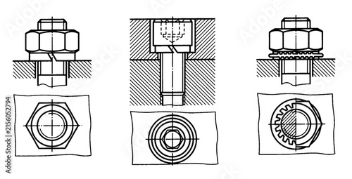 Bolted connections with thread, nuts isolated on white background. Engineering construction cad drawing of mechanical 
parts (steel bolt). Computer technic design on paper sheet.