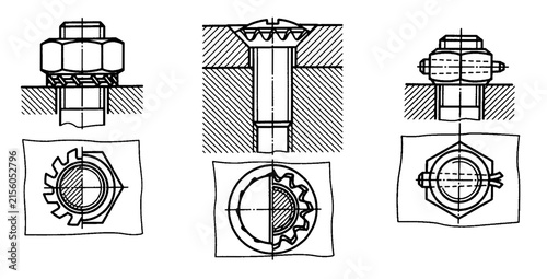 Bolted connections with thread, nuts isolated on white background. Engineering construction cad drawing of mechanical 
parts (steel bolt). Computer technic design on paper sheet.