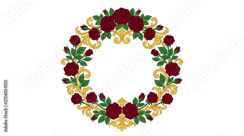 Elegant Rose Wreath with Golden Ornate Flourishes, Isolated