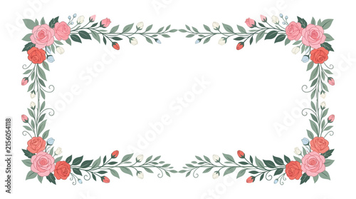 Floral Border Frame with Roses and Leaves, Isolated on Transparent Background